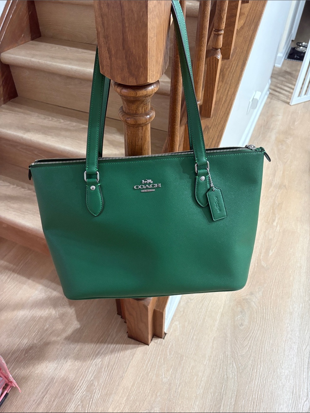 Coach Green Leather Top-Zip Tote with Signature Tag
